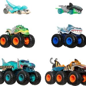 Hot Wheels Monster Trucks Veículo de Brinquedo Tubarões vs. Dinossauros Pacote de Carros para crianças a partir de 3 anos