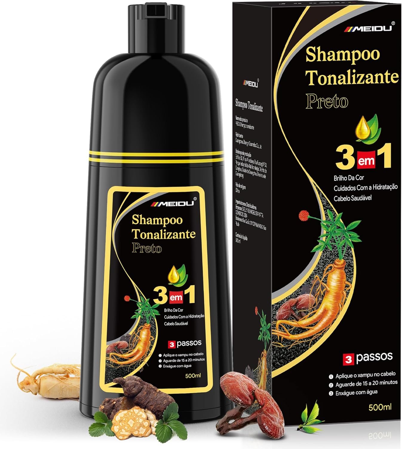 Shampoo Tonalizante Preto 3 em 1 para Cabelos Grisalhos, Shampoo que Pinta o Cabelo para Mulheres e Homens, Tinta de Cabelo com Extratos Vegetais, Cobertura de Fios Brancos até 15 Dias, 500ml