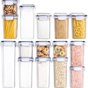 Conjunto Kit 15 Potes Mantimentos Herméticos para Cozinha e Despensa, Tampa com Vedação Silicone, Organizadores Tampa Com Trava Ideal para Armazenar Grãos, Cereais, Farinha e Massas