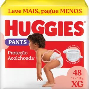 Fralda Pants Huggies Proteção Acolchoada Tamanho XG 48 unidades – Nova fralda Supreme Care estilo roupinha, que veste como shortinho e com cintura acolchoada super macia que previne marquinhas, fácil de colocar e tirar (embalagem pode variar)