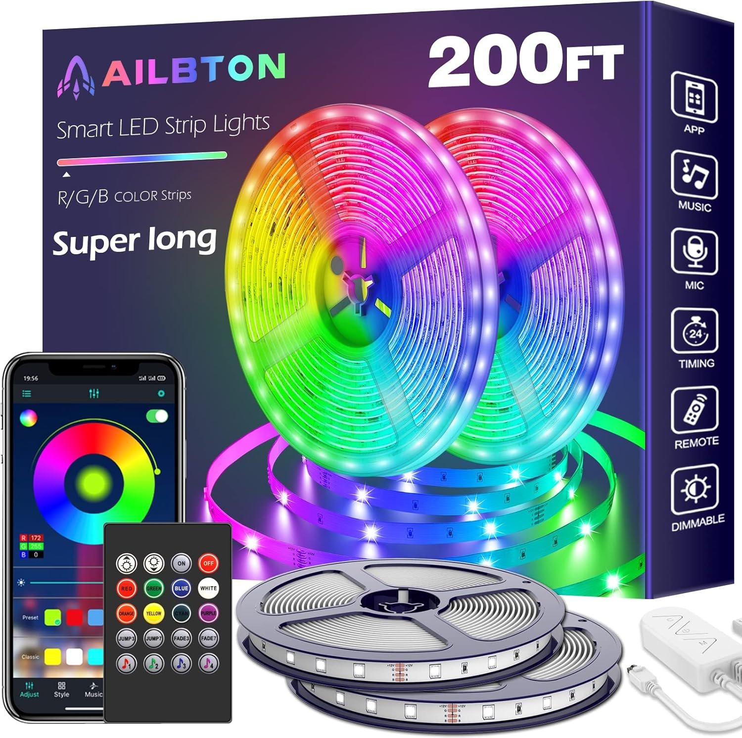 AILBTON Faixa de luzes LED de 60 metros (2 rolos de luzes de LED de 30 metros) Faixa de luz LED ultra longa com controle remoto de voz por aplicativo, 5050 RGB Music Sync Luzes LED que mudam de cor para quarto, festa, decoração de casa
