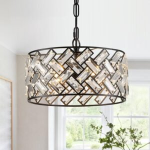 Luminária pendente de cristal preto 4 luzes lustre moderno redondo 30,5 cm montagem semi-embutida luminária de teto para cozinha, ilha, sala de jantar, quarto, hall de entrada, corredor