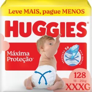 Fralda Descartável Huggies Máxima Proteção Tamanho XXXL 128 unidades – Fralda aberta com tecnologia Xtra-Flex, canais em X que se adaptam aos movimentos e máxima proteção sem fralda caída