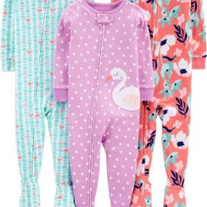 Simple Joys by Carter’s Pacote com 3 pijamas de algodão com pés de ajuste confortável para meninas
