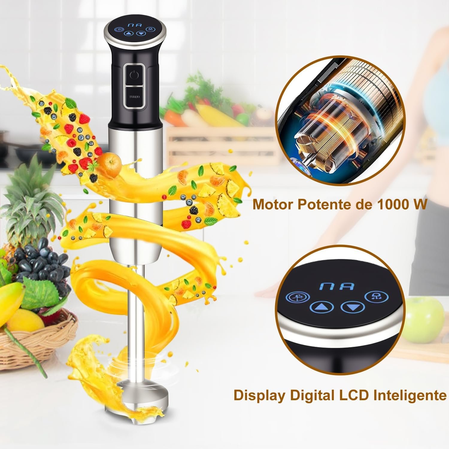 6 em 1 mixer de mão, 1000W, 8 velocidades, Exibição digital LCD, Vem com um copo de 860 ml, Triturador de 600 ml, Batedor de aço inoxidável com 4 pás, Adequado para sopas, smoothies e purés(220V) - Imagem 2