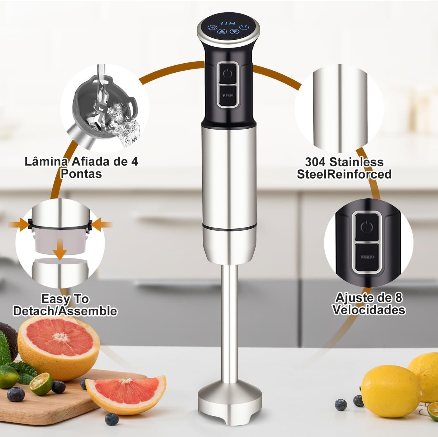 6 em 1 mixer de mão, 1000W, 8 velocidades, Exibição digital LCD, Vem com um copo de 860 ml, Triturador de 600 ml, Batedor de aço inoxidável com 4 pás, Adequado para sopas, smoothies e purés(220V) - Imagem 7