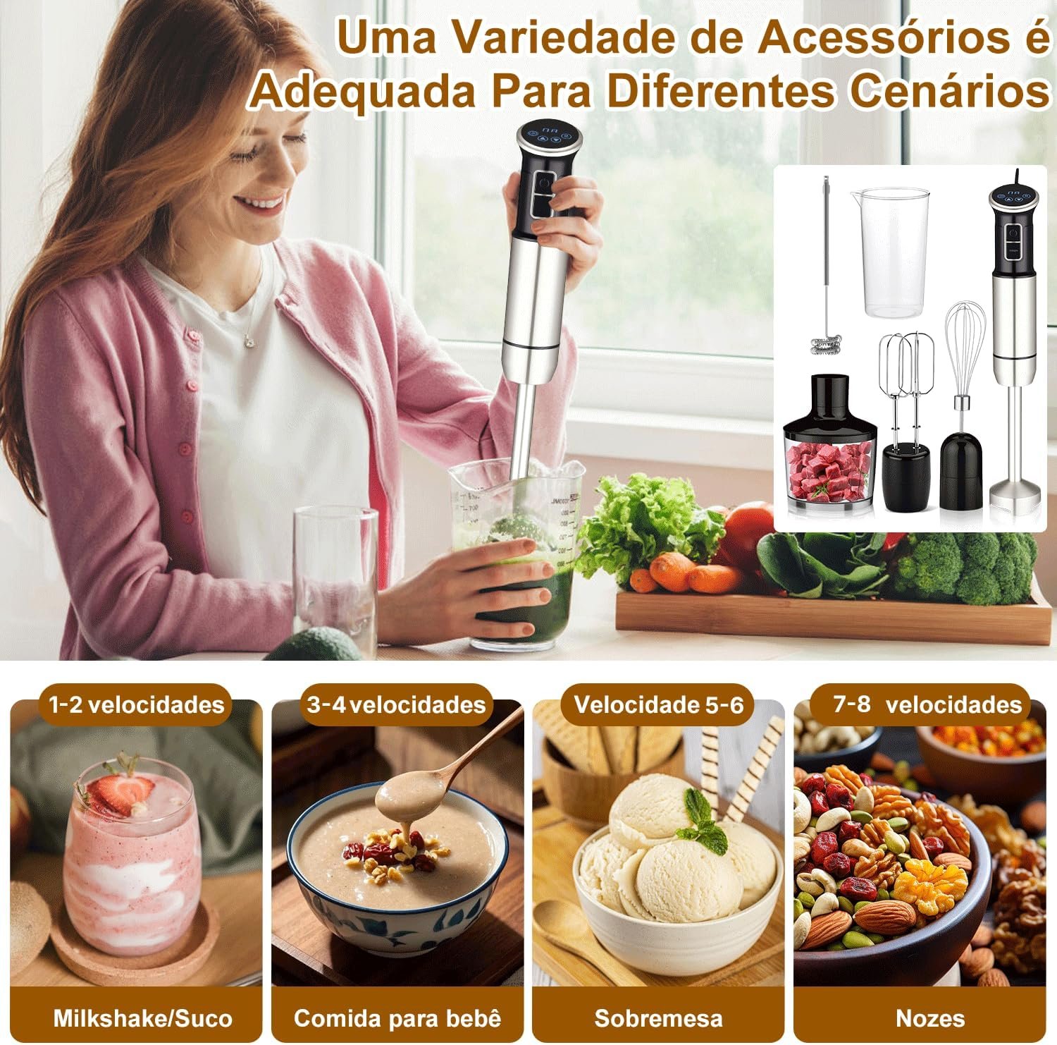 6 em 1 mixer de mão, 1000W, 8 velocidades, Exibição digital LCD, Vem com um copo de 860 ml, Triturador de 600 ml, Batedor de aço inoxidável com 4 pás, Adequado para sopas, smoothies e purés(220V) - Imagem 8