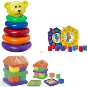 Brinquedos Educativos Infantis + Conjunto 3 em 1 + Didático e Sensorial + Blocos de Montar, Relógio de Encaixe e Argolas + Aprendizado e Coordenação + Ideal para Bebês e Crianças