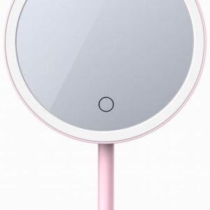 Espelho de Mesa com Luz LED, Regulação por Toque, 3 Cores de Luz,com Bandeja Organizadora,(Rosa)