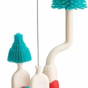 Kit 3 Escovas de Limpeza para Mamadeira, Bico e Canudos Mais Suporte Organizador de Silicone com Drenagem (Suporte Vermelho com Escova Azul)