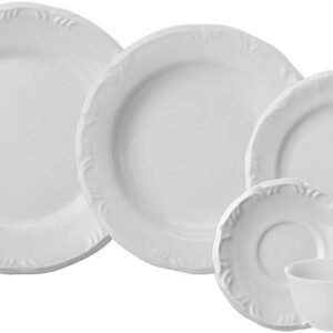 Serviço de Jantar e Café 30 Peças em Porcelana, Xícaras sem Pé, Modelo com Relevo, Pomerode, Branco, Porcelana Schmidt, Redondo
