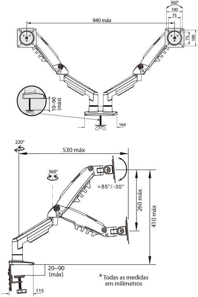 ELG, F160N, Suporte Articulado de Mesa com Pistão a Gás e Ajuste de Altura, 2 Monitores de 17” a 35”, Com Organizador de Cabos, Capacidade de 2kg a 9kg, Preto - Imagem 6