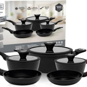 BLACK+DECKER Conjunto de Panelas 5 Peças Ceramic Pro Gourmand Gris – Revestimento Cerâmico Antiaderente, Base Compatível com Indução e Tampas de Vidro com Borda de Silicone – Black