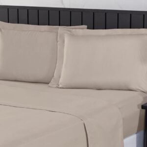 Jogo de Cama Casal 400 Fios Percal 04 Peças Com Lençol de Cima e Aba Americana, Antiácaro, Anti-pilling com Toque Macio – Bege, Casal
