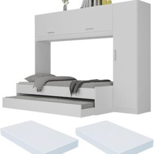 Bicama Solteiro com Colchão Incluso e Guarda Roupa Multimóveis Branco