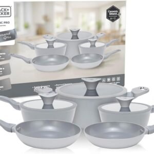 BLACK+DECKER Conjunto de Panelas 5 Peças Ceramic Pro Gourmand Gris – Revestimento Cerâmico Antiaderente, Base Compatível com Indução e Tampas de Vidro com Borda de Silicone – Mist Grey