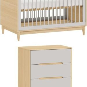 Combo Berço + Cômoda 3 gavetas Carvalho com Cinza Tomi – Quater