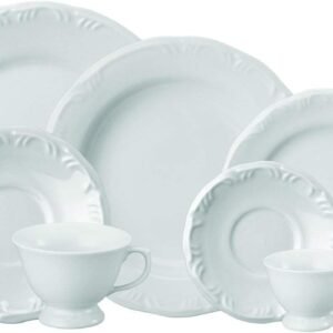 Serviço de Jantar Chá Café 42 peças em Porcelana. Modelo Redondo com Relevo Pomerode. Branca. Fabricado pela Schmidt.