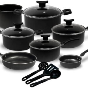 Jogo de Panelas 10 Peças Preto Antiaderente c/Tampa de Vidro e Utensílios