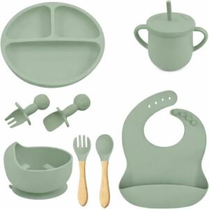 Kit Introdução Alimentar Bebê 8 Peças Prato + Bowl Babador Copo + Tampa com Canudo + 2 Talheres + 2 Talheres Ponta Silicone Cabo de Madeira 100% Silicone Antitóxico Premium (Verde)