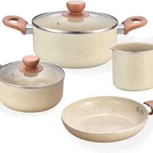 Oikos – Jogo com 4 Panelas Antiaderentes de Revestimento Cerâmica com Tampa de Vidro Terrara Bege com 5 Camadas para Fogão a Gás, Elétricos, Cerâmicos e Halogênio