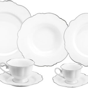 WOLFF – Aparelho de Jantar 42 Peças de Porcelana Maldivas Branco com Fio Prata