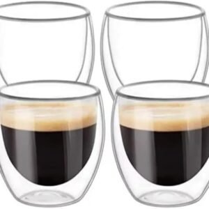 Jogo de 4 Copos Térmicos de Vidro Parede Dupla Elegante, 90 ml, para Café Espresso.