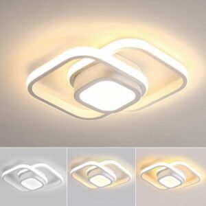 Luminária de Teto LED Moderna, Design Geométrico, 3 Modos de Iluminação, Luz Quente e Fria, Plafon Branco (Quadrado)