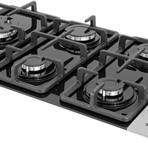 SUGGAR COOKTOP VIDRO PRETO E INOX A GÁS 5 QUEIMADORES ESMALTADOS DIFERENTES TAMANHOS TREMPES FERRO FUNDIDO FG5335VPIX