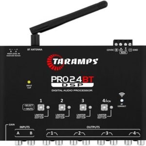 Taramps Processador de Audio Digital Pro 2.4 BT Bluetooth Som Automotivo Controle Por Aplicativo Celular Tablet Entrada Fio e RCA 4 Saidas Crossover Equalizador Grafico e Parametrico Limiter