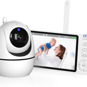 Baba Eletronica sem internet, 5″ Monitor de Bebe, 360°, 2 Way Audio, Visão Nocturna, bateria de 10 horas, 4 Zoom, Economia de energia VOX, Canção de Ninar, Ideal para Pais Novos,110/220v