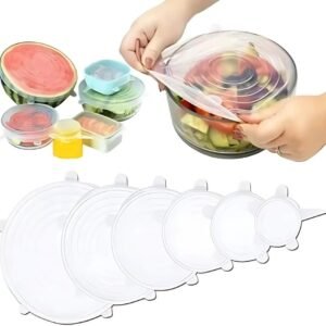 Kit 6 Peças Tampas Silicone Universal Reutilizáveis Flexíveis Herméticas Compatíveis Com Potes Panelas Frutas Geladeira Congelador (Transparente)