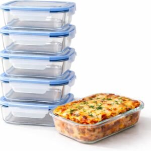 Kit 5 Potes de Vidro Herméticos 640ml Marmita Retangular com Vedação Silicone Premium Kit 5 Potes de Vidro Herméticos 640ml Marmita Retangular com Vedação Silicone Premium