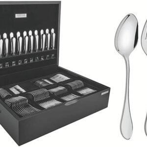 Faqueiro Tramontina Italy em Aço Inox com Facas de Mesa Forjadas 6mm Acabamento Alto Brilho e Estojo de Madeira 130 Peças