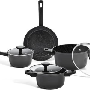 Oikos – Jogo com 4 Panelas Antiaderentes de Revestimento Cerâmico para Fogão por Indução, a Gás, Elétrico e Vitrocerâmico Cor Preta Mou Chia