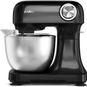 Batedeira Arno Planetária Bake Easy KM10, 500W, Preta com Tigela Inox, 3,5L, 12 Velocidades, Transmissão Direta, 3 Batedores, Tampa Anti-Respingos e Design Compacto, 110V