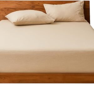 Decolab Jogo de Lençol Malha 100% Algodão Extra Macio – Roupa De Cama Antiácaro, Inclui Lençol Com Elástico (Forro) E Fronhas (Bege, Casal Simples)