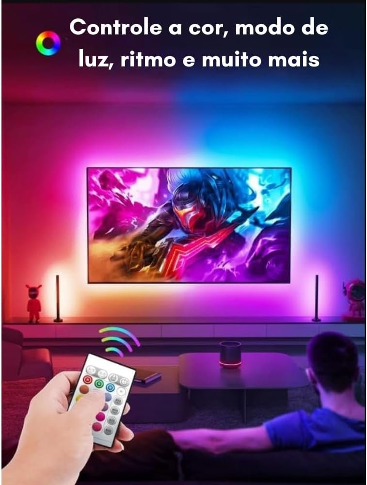 Fita LED RGB 5 Metros Com Controle Remoto, Sensor de Som, As Luzes Acompanham a Música, Entrada USB, Perfeita Para Salas de TV, Setup Gamer, Quartos, Bares e Festas, Decoração, Controle de Cores - Imagem 2