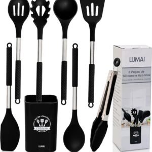 LUMAI Kit 8 Utensílios de Cozinha Grandes em Silicone Preto e Aço Inox, Resistentes ao Calor, Design Antiderrapantes e Antirriscos, Acessórios de Cozinha Espátula, Colher, Pegador, Concha e Balde LUMAI Kit 8 Utensílios de Cozinha Grandes em Silicone Preto e Aço Inox, Resistentes ao Calor, Design Antiderrapantes e Antirriscos, Acessórios de Cozinha Espátula, Colher, Pegador, Concha e Balde