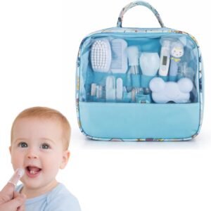 Kit Higiene e Cuidados para Bebês 13 em 1 com Necessaire, Tesoura, Cortador de Unhas, Termômetro Digital, Pente, Escova, Aspirador Nasal, Livre de BPA, Linha Premium – Azul
