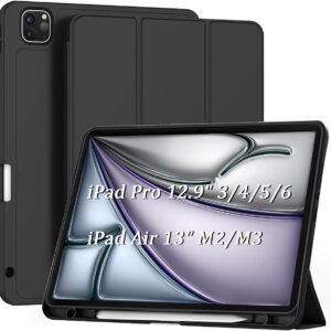 Capa para iPad Air 13 M3/M2 / iPad Pro 12.9 6ª / 5ª / 4ª / 3ª geração 12.9-13 Polegadas com Compartimento para Caneta Stylus Traseira em TPU Macio Função de Ativação/Suspensão Automática – Preto