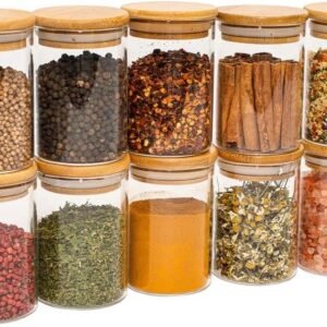 Oikos – Kit 10 Potes de Vidro 250ml com Tampa de Bambu Herméticos Redondos