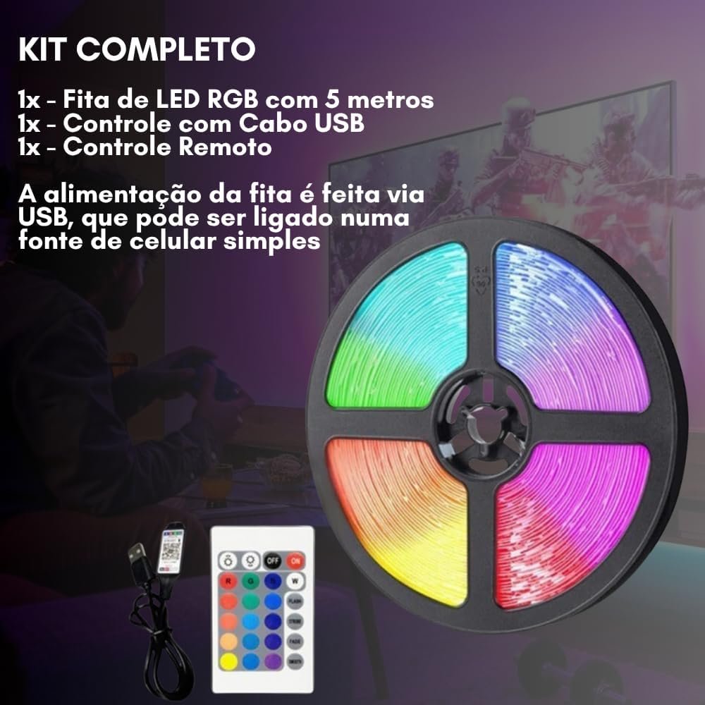 Fita LED RGB 5 Metros Com Controle Remoto, Sensor de Som, As Luzes Acompanham a Música, Entrada USB, Perfeita Para Salas de TV, Setup Gamer, Quartos, Bares e Festas, Decoração, Controle de Cores - Imagem 8