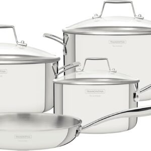 Jogo de Panelas Tramontina Grano Glass em Aço Inox com Corpo Triplo e Tampa de Vidro 4 Peças