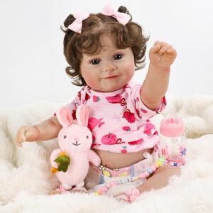 Brastoy Bebê Reborn Boneca de Silicone Realista Menina Olhos Castanhos Pintada Original 48cm (Cabelo Cacheado)