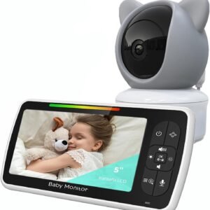 Babá Eletrônica, 5″ 720P HD Bebê Câmera com Tela, Áudio Bidirecional, Night Vision, Zoom Digital, Economia de energia VOX, Canção de Ninar, Temperatura Ambiente, Monitor de Bebe para Pais Novos