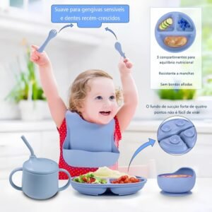 Kit Introdução Alimentar Bebê 8 Peças Prato + Bowl Babador Copo + Tampa com Canudo + 2 Talheres + 2 Talheres Ponta Silicone Cabo de Madeira 100% Silicone Antitóxico Premium (Rosa)