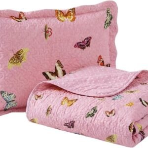 Kit Colcha Cobre Leito Infantil Solteiro Estampado 220x180cm Dupla Face 2 Peças Matelado 100% Poliéster Macio e Divertido Borboletas Cozzilar