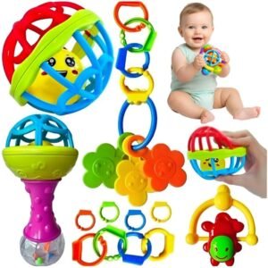 Kit Chocalhos e Mordedores para Bebê 8 Peças, Brinquedo Sensorial Educativo Colorido, Silicone Macio, Desenvolvimento Motor
