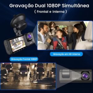 Câmera Automotiva 3 Lentes (Frontal, interna e traseira) – Full HD 1080p, Visão Noturna, Grande Angular, Gravação Loop, Detecção de Movimento, Sensor de Colisão, sensor de movimento e Tela LCD 4.0